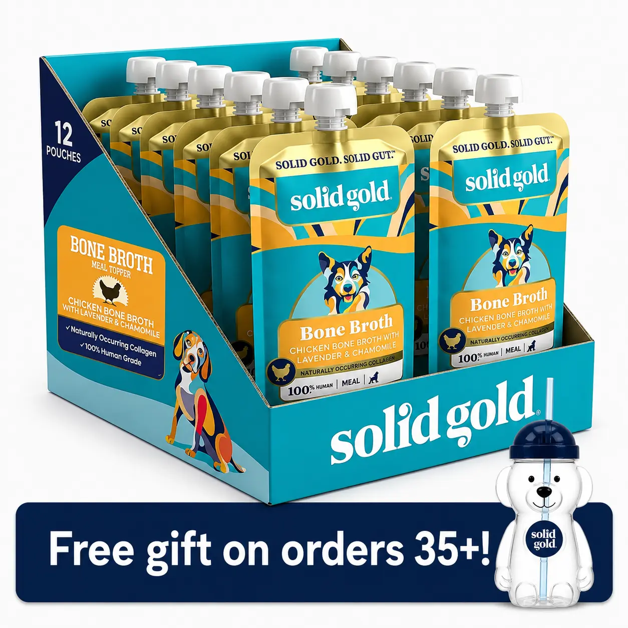 Solid Gold Bone Broth Chicken Topper for Dogs - 12 Pouches - Nutrient-Rich Flavor with Collagen Vitamins Minerals - Easy to Use - Suitable for All Ages