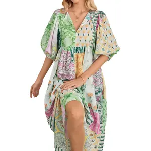 Plus Size Women's Cute Boho Long Dress, Patchwork Print V-Neck Beach Vacation Dress, Flattering High Waist All Seasons Casual Outfit #PlusSizeBohoDress #BeachVacationDress #AllSeasonsWear2026 Curvy Balloon Bohemian Womenswear