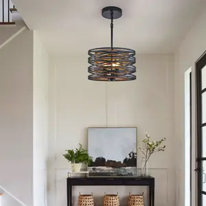 Farmhouse Cage Pendant Light, 13 Inch Rustic Black & Walnut Metal Chandelier with Wood Accents for Kitchen Island, Dining Room