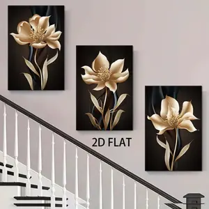 3 frameless abstract oil paintings of black and gold flowers, modern Bohemian mural decorations for living rooms and home offices, Cuadros mural canvas paintings, Modern Abstract Design, Canvas Art Wall