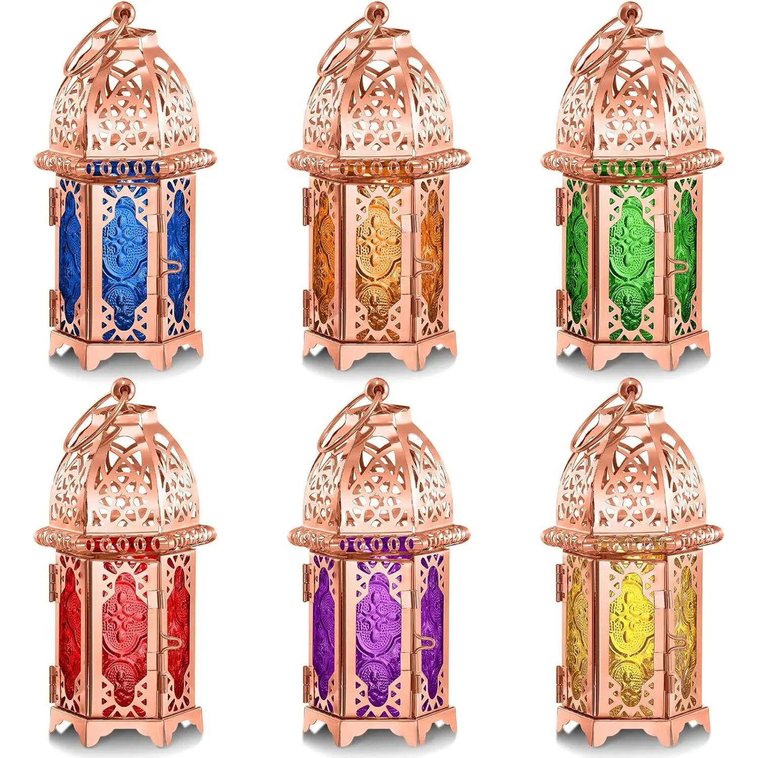 Mumufy 6 Pcs Moroccan Lanterns Ramadan Lantern Eid Decorations for Home Gold Lamp Decor Vintage Decorative Eid Mubarak Hanging Candle Lantern for Party Decor Indoor Outdoor (Rose Gold)