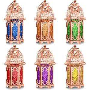 Mumufy 6 Pcs Moroccan Lanterns Ramadan Lantern Eid Decorations for Home Gold Lamp Decor Vintage Decorative Eid Mubarak Hanging Candle Lantern for Party Decor Indoor Outdoor (Rose Gold)