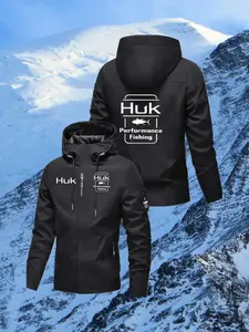 Men's Huk Printed Casual Jacket, Slim-Fitting Sports Style, Athleisure Style, Youth Campus Trendy Outdoor Wear, No Padding, All Seasons