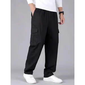 Men's Black Cargo Pants, Baggy Fit Tactical Trousers with Multi-Pockets, Casual Loose Straight Leg Work Pants, Streetwear Style, Comfortable  Blend Fabric, Versatile Outdoor & Daily Wear for Men