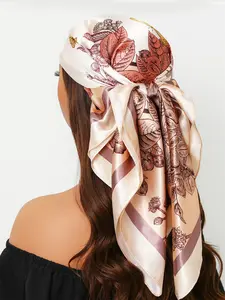 Women's Fashion Floral Print Scarf, New Headscarf for All Seasons, Luxury Printed Silk Shawl 90x90cm, Travel Wrap 35.4 Inches