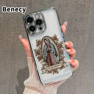 Virgin Mary Pattern Transparent Electroplated Four Corner Anti-Fall Soft TPU iPhone 17 or 16 or 15 or 14 or 13 or 12 or 11 E Pro Max Air Plus Protective Phone Case Ideal as Party Gift for Women and Men phone case brick phone blocker