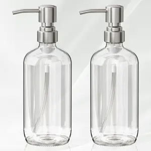 AmazerBath Soap Dispenser, 2 Pack Clear Glass Round Bottle with Pump Stainless Steel, Soap Dispenser Bathroom, Hand Soap Dispenser, Dish Soap Dispenser Kitchen