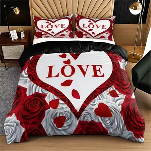3-Piece Valentine's Day Digital Print Bedding Set, Soft Breathable Fabric, All-Season Use, Bedroom & Guest Room Decor