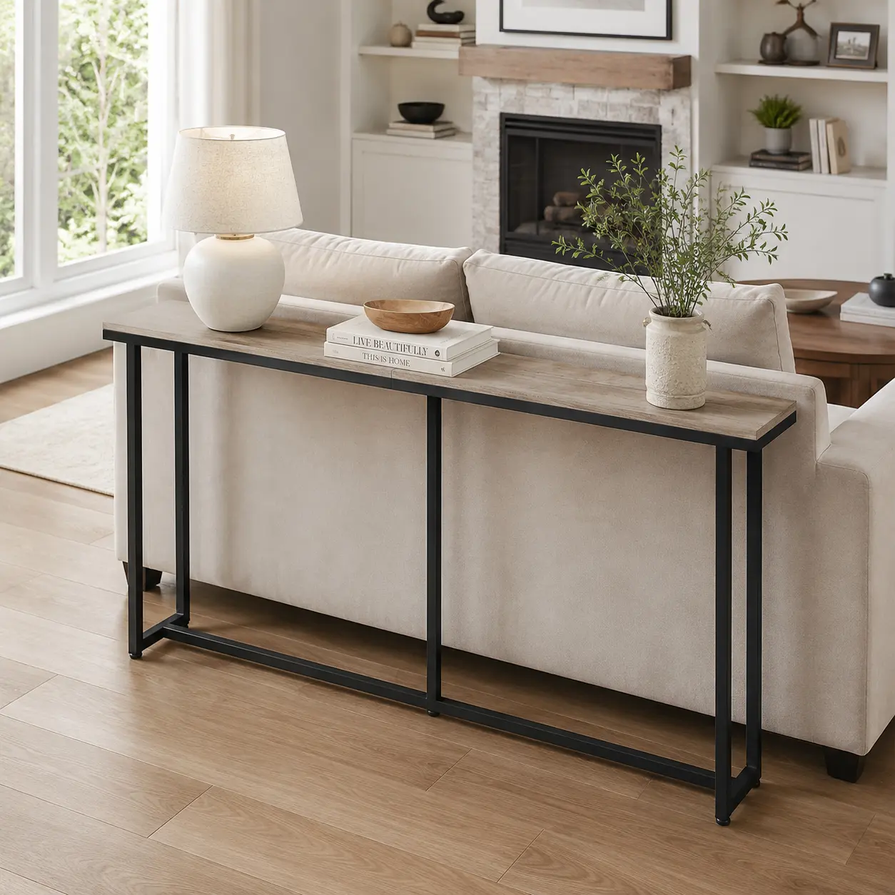 Costoffs Modern Slim Entryway Table - 63" x 8" Rectangular Console Table, Matte Black Iron Frame, Waterproof Wood Grain Particle Board Top, 32" H, 44lb Space-Saving Display Shelf, Behind-Sofa Fit, Durable Stable Build with Wall Anchors