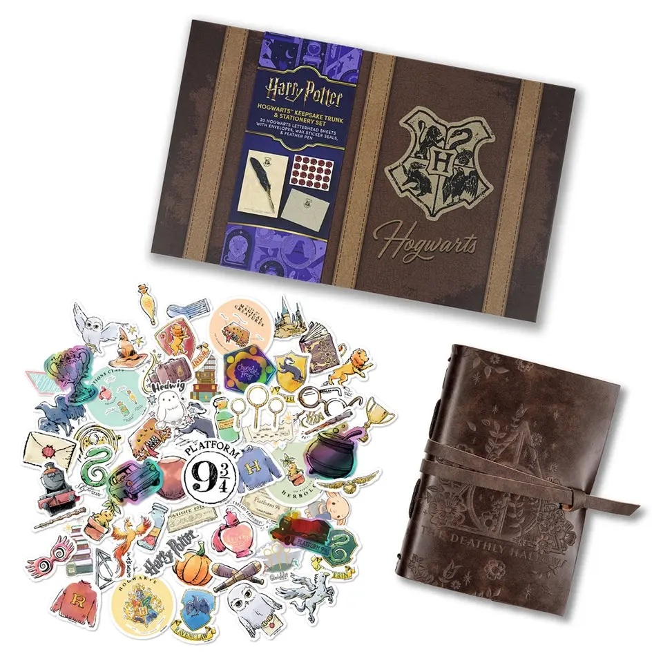 Harry Potter Writing & Journaling Bundle (Boxed Stationery Set with Wax Seals & Feather Pen, Deathly Hallows Leather Wrap Journal & 60-Count Watercolor Decals)
