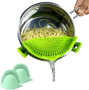 Clip on Strainer Silicone with 1 Pair Silicone Glove | Versatile for All Pans and Pots,Pasta Noodle Pot Strainer Silicone for Vegetables Meat Fruit,Food Strainers(Green)