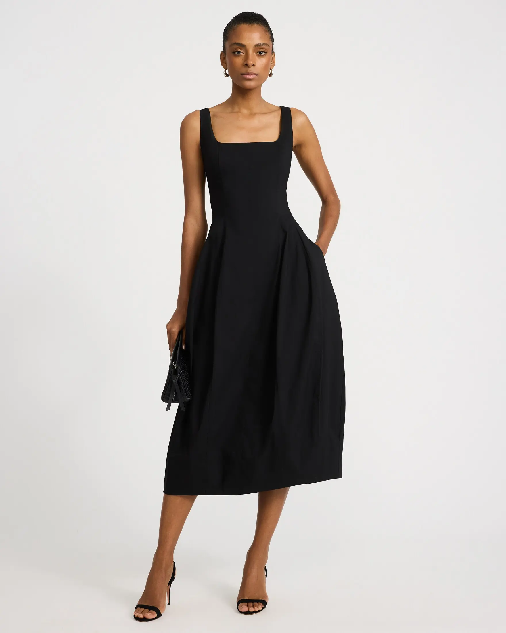 Express Stretch Cotton Poplin Square Neck Barrel Midi Dress with Pockets