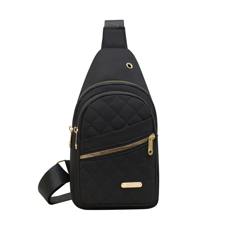 Women’s diamond-patterned mesh chest bag made of waterproof nylon, crossbody front chest pouch with multi-layer zipper storage for phones; lightweight chest bag for casual outings