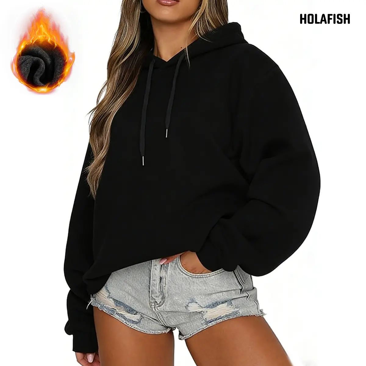 Holafish New Color Women's Oversized Thick Fleece Hoodie, Casual Solid Pullover Sweatshirt with Long Sleeves and Pocket, Longsleeves, Party, Hooded Neck