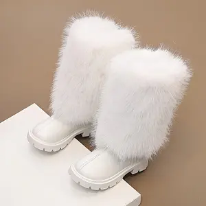 Girl's High Top Plush Warm Cozy Boots, Solid Color Trendy Boots For Autumn Winter Outdoor