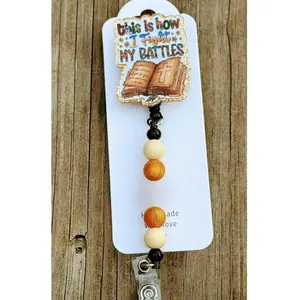 This Is How I Fight My Battles Badge Reel Christian Retractable ID Holder with Bible & Cross Design for Nurses Teachers Office Staff Students Handmade with Elegant Beads and Secure Clip