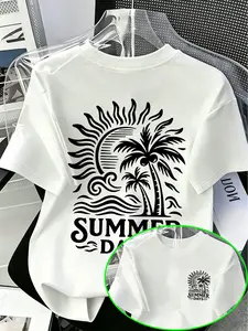 Men's Vintage American Polyester Tropical T-Shirt - Menswear, Round Neck, Palm Tree & Ocean Wave Print, Retro Summer Sports Clothes, Breathable Fabric, Machine Washable Casual Vacation Outfit for Poolside