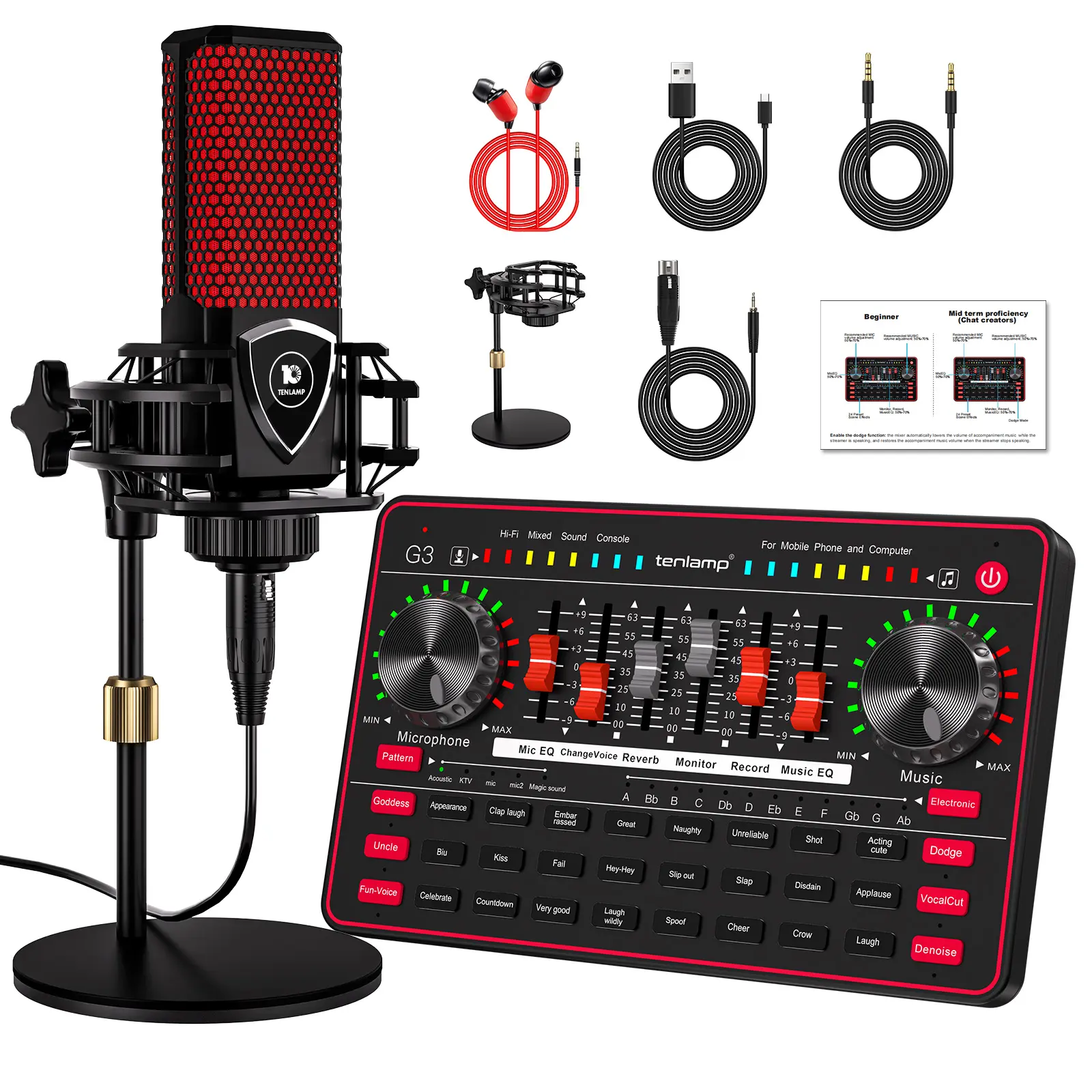 Tenlamp G3 Professional Mic Mixer Set - Audios Controller Equipment with Batteries, Dynamic Mic, Portable Setup, Podcast Gear for Influencers - Wireless Microfono, Recording Mixing Station for Karaoke