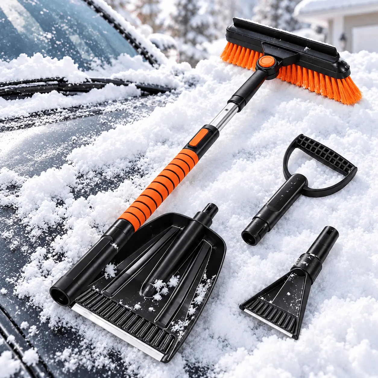 5-in-1 Telescoping Snow Brush and Ice Scraper Kit, Aluminum Alloy Extendable Car Snow Shovel with Detachable Brush, Squeegee, Ice Scraper and D Handle for SUV, Truck, Windshield, Driveway & Winter Travel