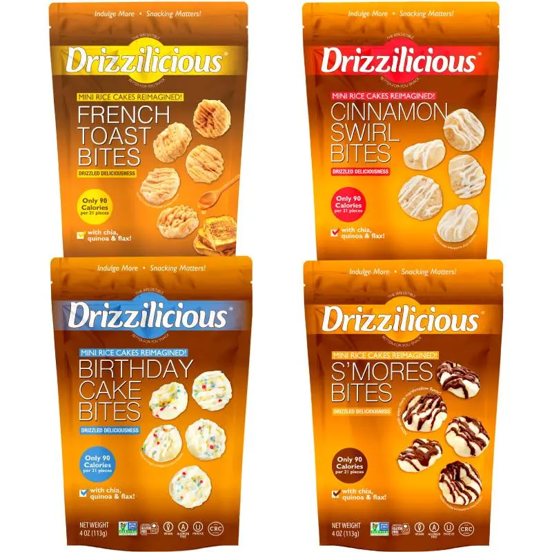 Drizzilicious Mini Rice Cakes 4 Pack – Cinnamon Swirl, French Toast, Birthday Cake & S’mores | 4 oz Bags | Snack Rice Crispy Chocolate Crunchy Flavor