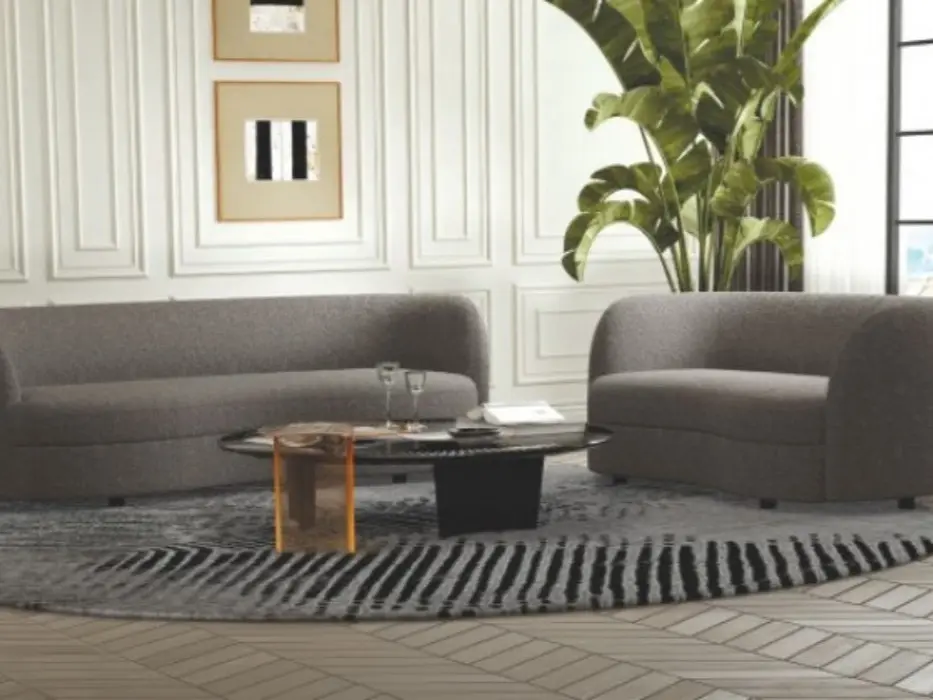 FM61003GY-2PC 2 pc A&J homes studio Versoix charcoal grey boucle fabric kidney shaped sofa and love seat set rounded arms