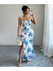 New Women's Fine Strap Spaghetti Strap Bow Waist Ruched Hem Slit Design Floral Dress, Casual Fitted Party Daily Wear, Tall Slimming Elegant Dress