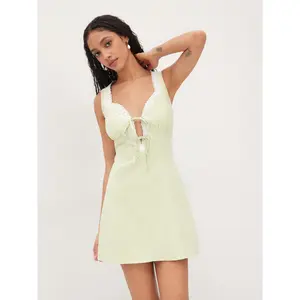 Cider Cotton Sweetheart Neckline Lace Trim Tie Front Bow Mini Dress