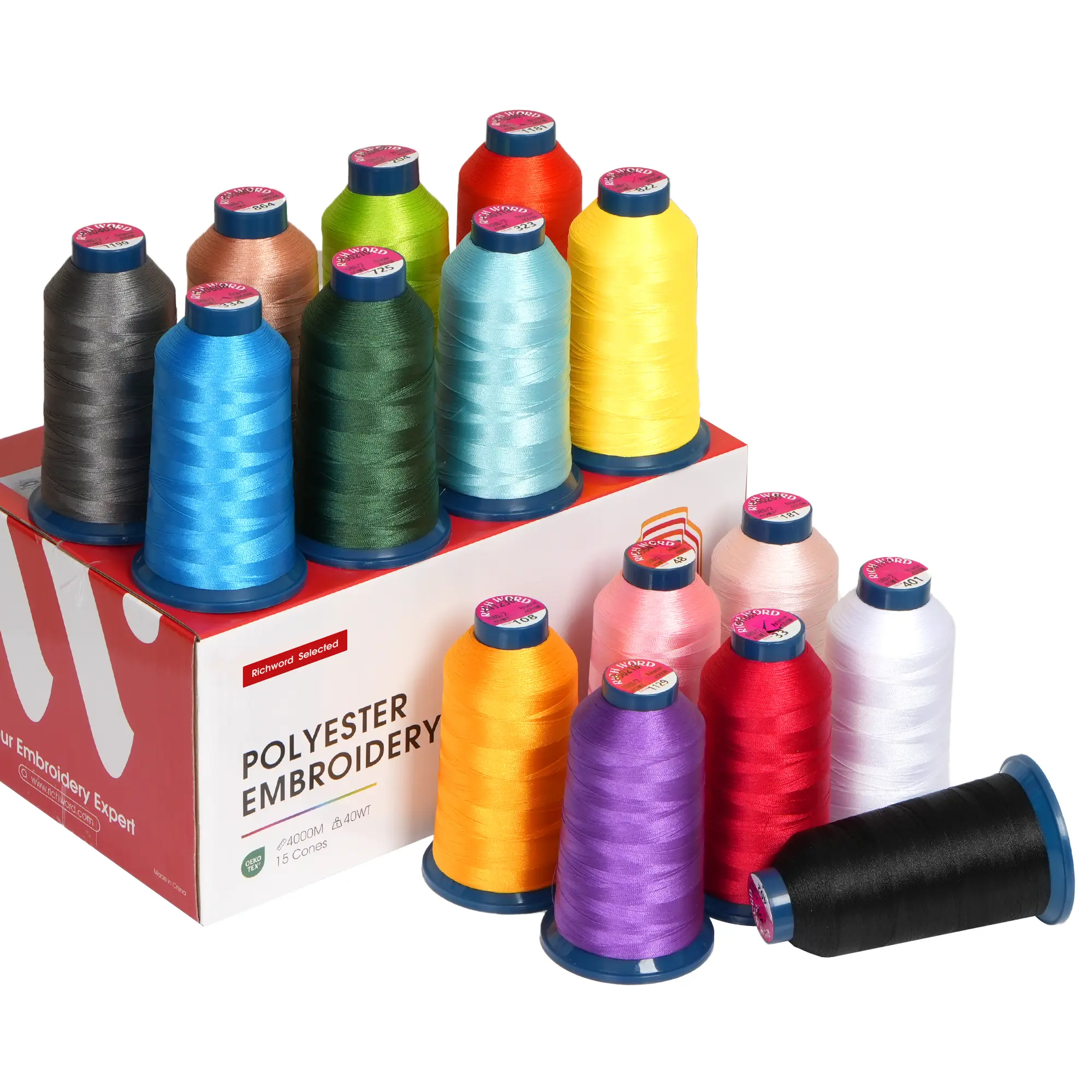 PooLin Embroidery Polyester Thread Set, 40wt 108D/2 Color Thread Spools, 4000m x 15 Colors for Embroidery Machines