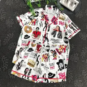 Pop Music Inspired Satin Short Pajama Set, Retro Music Lover Sleepwear for Men Women Kids