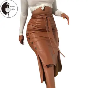 Women��s Faux Leather Midi Skirt, High Waist Button Trim Solid Color Slit Bodycon Pencil Skirt with Belt