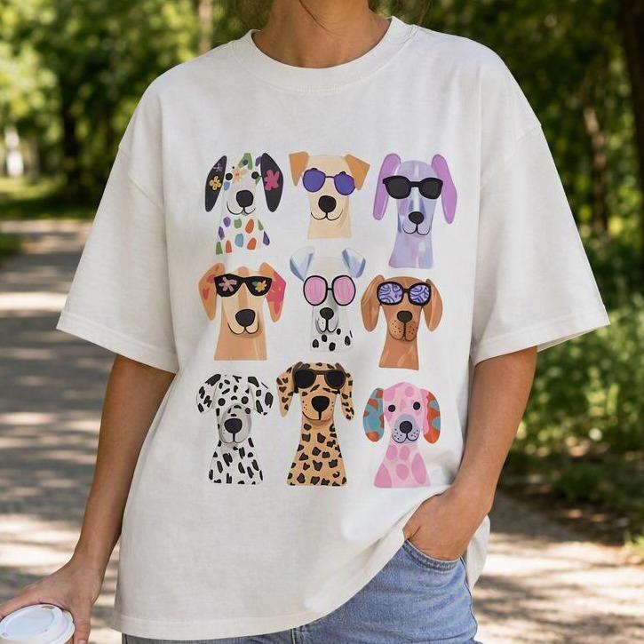 Women's 100% Cotton Casual Wear Crew Neck Short Sleeves Drop Shoulders Loose-Fit Tee - Retro Sunglasses & Colorful Cool Dogs Graphic Breathable Shirt