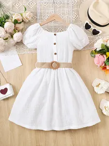 Ready Stock Big Girls Elegant Dress 8Y,9Y,10Y,11-12Y kid Girls Solid Color Bubble Short Sleeve White Dress With A Belt 132401161