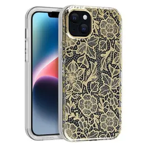 Apple iPhone 14 Plus (6.7) / Apple iPhone 15 Plus (6.7) - Slim Full-Body Stylish Protective Case - Gold Floral Pattern Texture Design