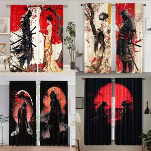 2 pieces of Japanese samurai and geisha cherry blossom semi blackout curtains - modern woven polyester, pole bag, insulated, privacy filtered curtains, suitable for bedrooms and living rooms