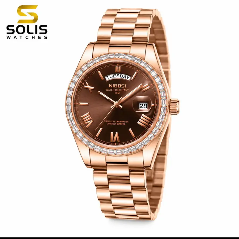 NIBOSI Men’s Rose Gold Day-Date Watch - Crystal Bezel Watch for Daily Wear