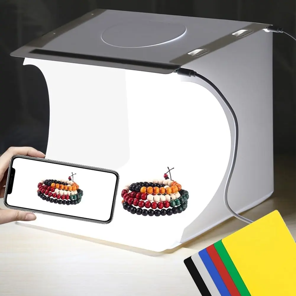 10" Portable Folding Photography Light Box Tent Kit with 2 Light Bars, 40pcs LED Light, 6 Color Backgrounds for Small Size Items