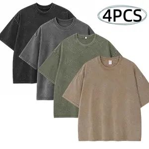 Men’s 1/4-Pack Oversized Short-Sleeve Fitness T-Shirts - Vintage Heavyweight Pure Cotton Acid Wash Sports Tee, Summer Sport Top