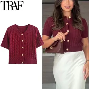 TRAF Knitted Cardigan Outerwears Autumn Short Sleeve Knit Womens Sweaters Cropped Burgundy Black Sweater Elegant Gray Cardigans