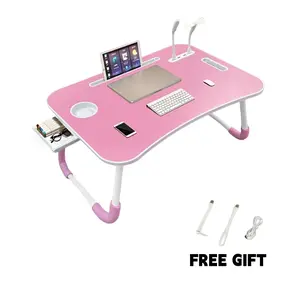 Foldable Wooden Laptop Workstation. Portable Foldable Lap Desk ，Foldable Computer Desk， Free fan and lamp，with Drawer&4 USB Ports Suitable for Beds and Sofas