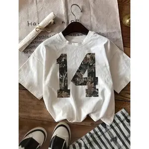 Women's Casual Sports T-Shirt White Polyester Camouflage Number 14 Print Round Neck Short Sleeve Semi-Transparent All-Season Comfort Fit Pullover Top Summer Graphic Tee Streetwear Shortsleeve Collar Fabric Womenswear Tshirt Crewneck