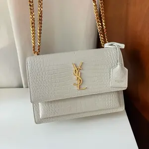 Pre-owned Yves Saint Laurent leather Shoulder Bags YSL white croc embossde Sunset gold hardware shoulder bag