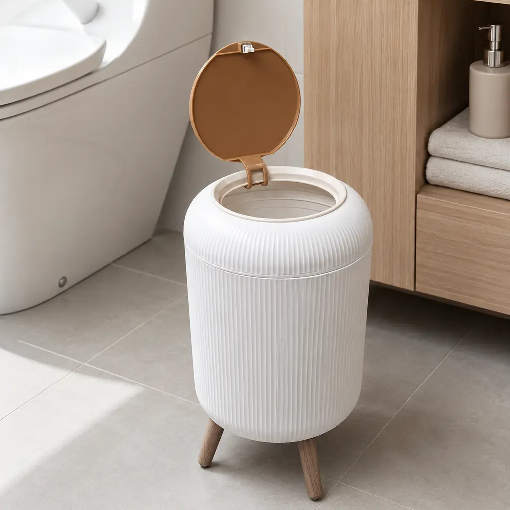 Ribbed Quiet Luxury Standing Trash Bin - Designer Odor-Lock Bin for Upscale Condo Living Rooms