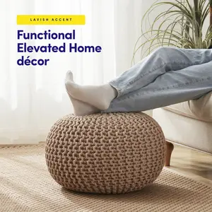 Sweet Home Collection Round Cotton Knitted Pouf Ottoman - Cozy Floor Cushion & 100% Cotton Shell - Modern Elegance for Living Room