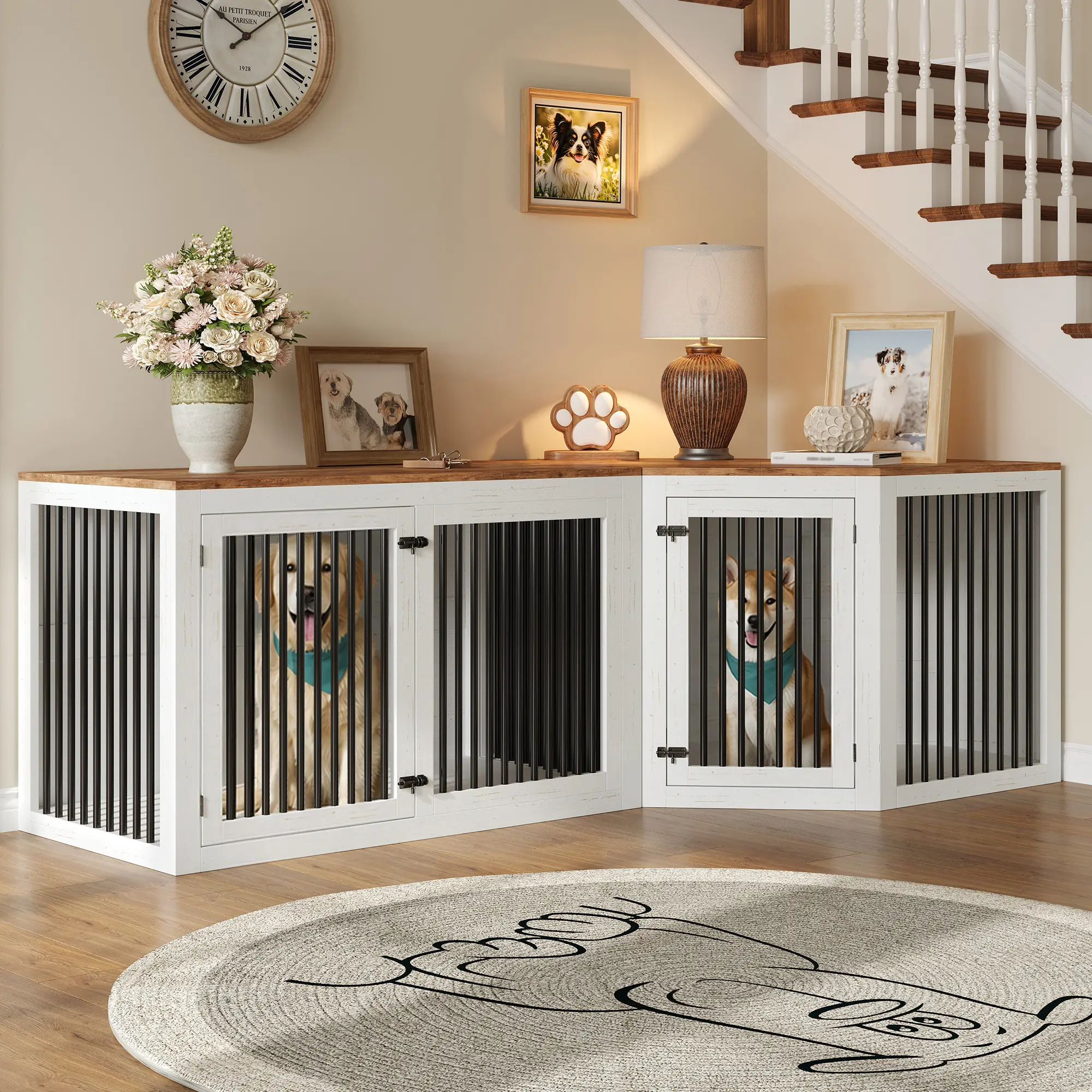 [Shipped in Multiple Boxes] [TiktokShopStockUp] AMERLIFE Dog Crate Furniture for Medium/Large Dogs  3-in-1 Corner Dog Kennel, with Storage and Divider Space-Saving Heavy Duty Large Cage, Grey, White