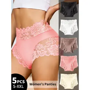 QUASTI 5 Piece Mid-Waisted Contrast Lace Underwear For Elegant Ladies - Full-brief Semi-Sheer Panties with High-Waistband, Soft Stretch Comfortable & Elegant Lace Lingerie, S-XXL