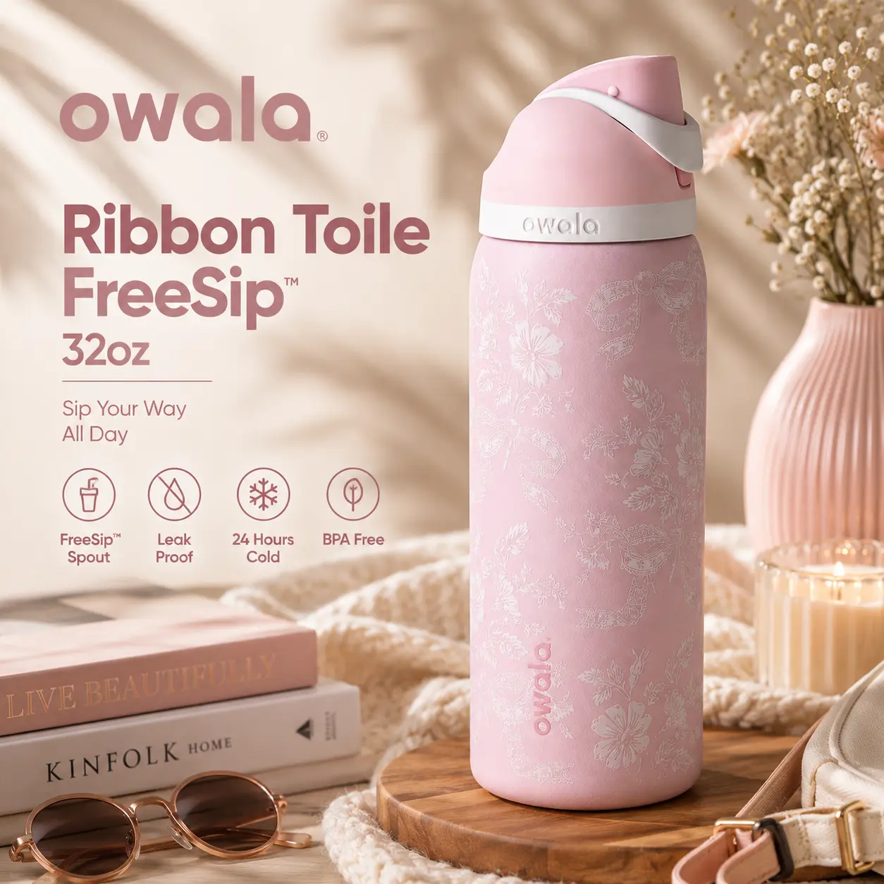 Owala UO Exclusive Ribbon Toile FreeSip 32oz Pink Floral Bow Insulated Stainless Steel Water Bottle, Leakproof Coquette Bottle with Built-In Straw