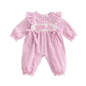 Baby Girl Little Sister Gingham Bows Sweatshirt Jumpsuit Ruffle Plaid Smocked Romper Overalls Newborn Coming Home Outfit