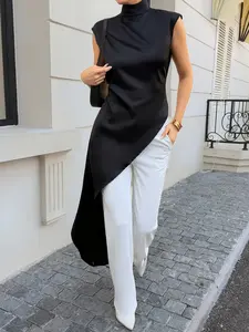 Womens Black Satin Top High Neck Sleeveless All Season Blouse Asymmetrical Hem Elegant Minimalist Top Slim Fit Chic Office Wear Silky Smooth Lightweight Casual Luxury Top Modern Fashion Going Out Date Night Outfit