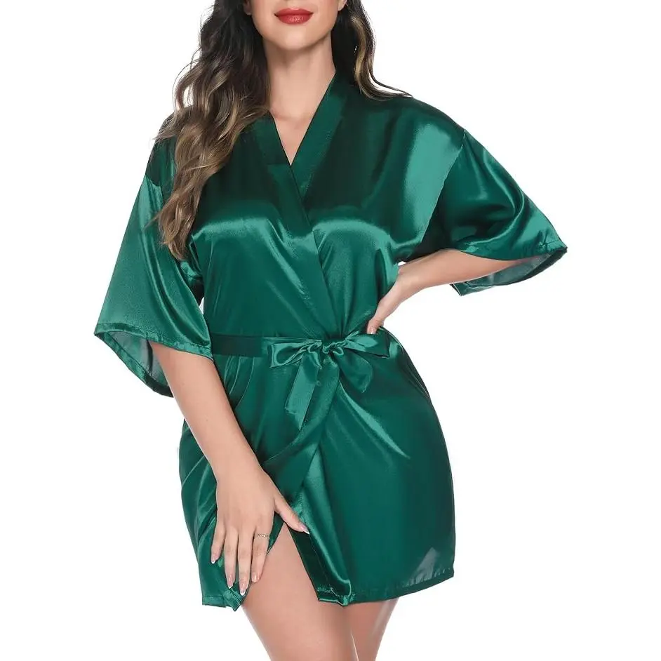 Womens Kimono Robes Dressing Gown Satin Bathrobe Nightdress Short Style Bridal Robe Womens Kimono Robes Dressing Gown Satin Bathrobe Nightdress Short Style Bridal Robe
