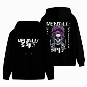 Mentally Spicy Hoodie Sassy Skull with Purple Messy Bun and Skeleton Hands Funny Unisex Sweatshirt with "Handle With Care" Vibes for Spicy Souls Black Long Sleeve Pullover Spooky W